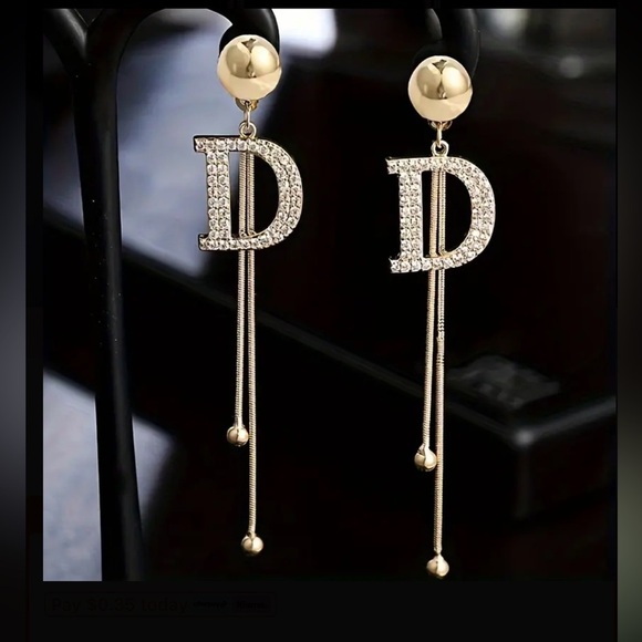 Luxurious Inspired Letter D 14K Gold Plated Long Drop Chain Earrings - Picture 6 of 9